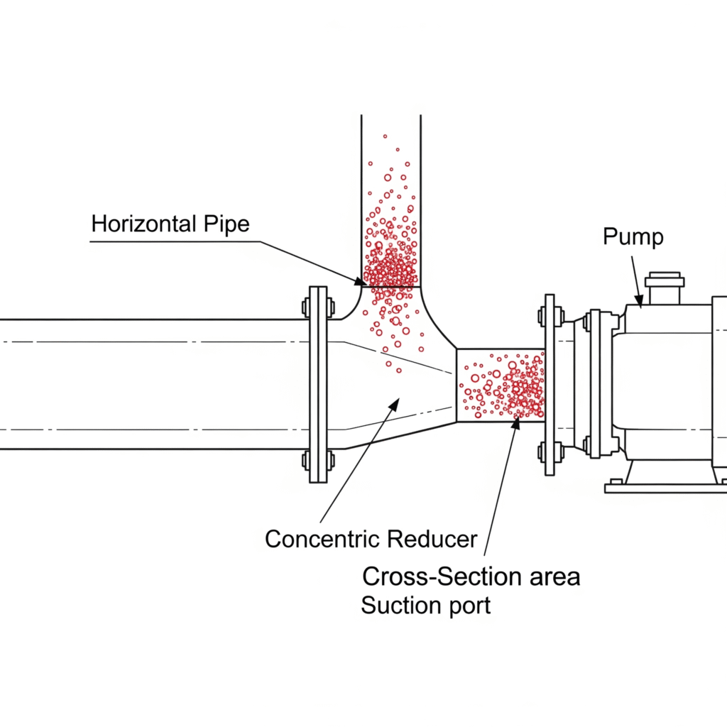Diagram ini menunjukkan bagaimana Reducer Concentric dapat menyebabkan masalah saat dipasang pada pipa horizontal yang terhubung ke pompa.