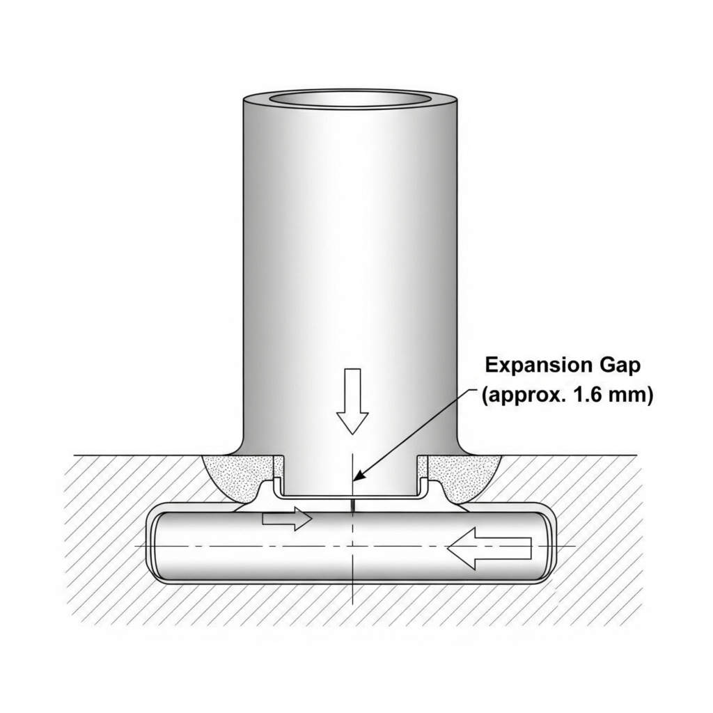 Ilustrasi yang fokus dan detail, menggunakan panah untuk menunjukkan bagaimana pipa ditarik sedikit dari dasar soket untuk menciptakan "Expansion Gap" dan memberikan keterangan "sekitar 1.6 mm.
